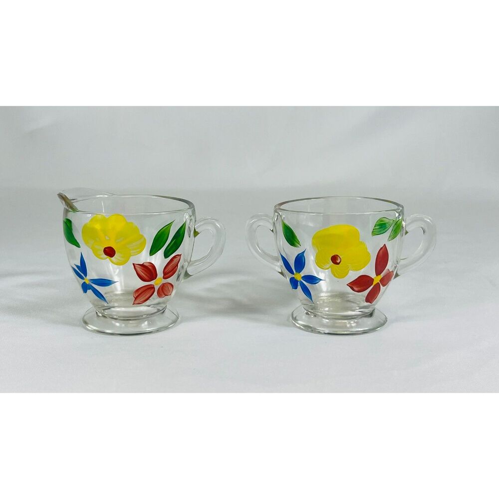 Vintage Bartlett Collins Hand Painted Flower Glass Cream & Sugar Set